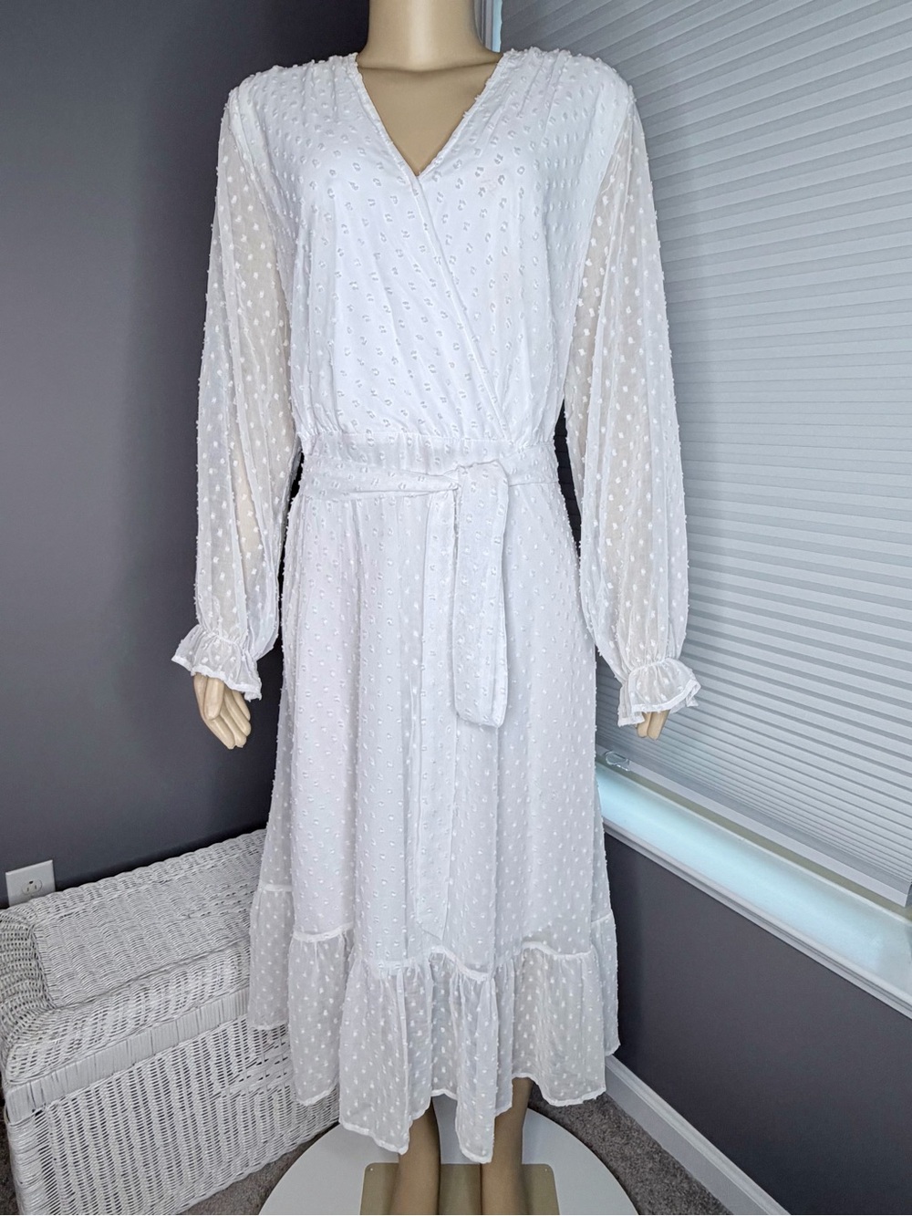 White Swiss Dot Wrap Maxi Dress with Tie Waist